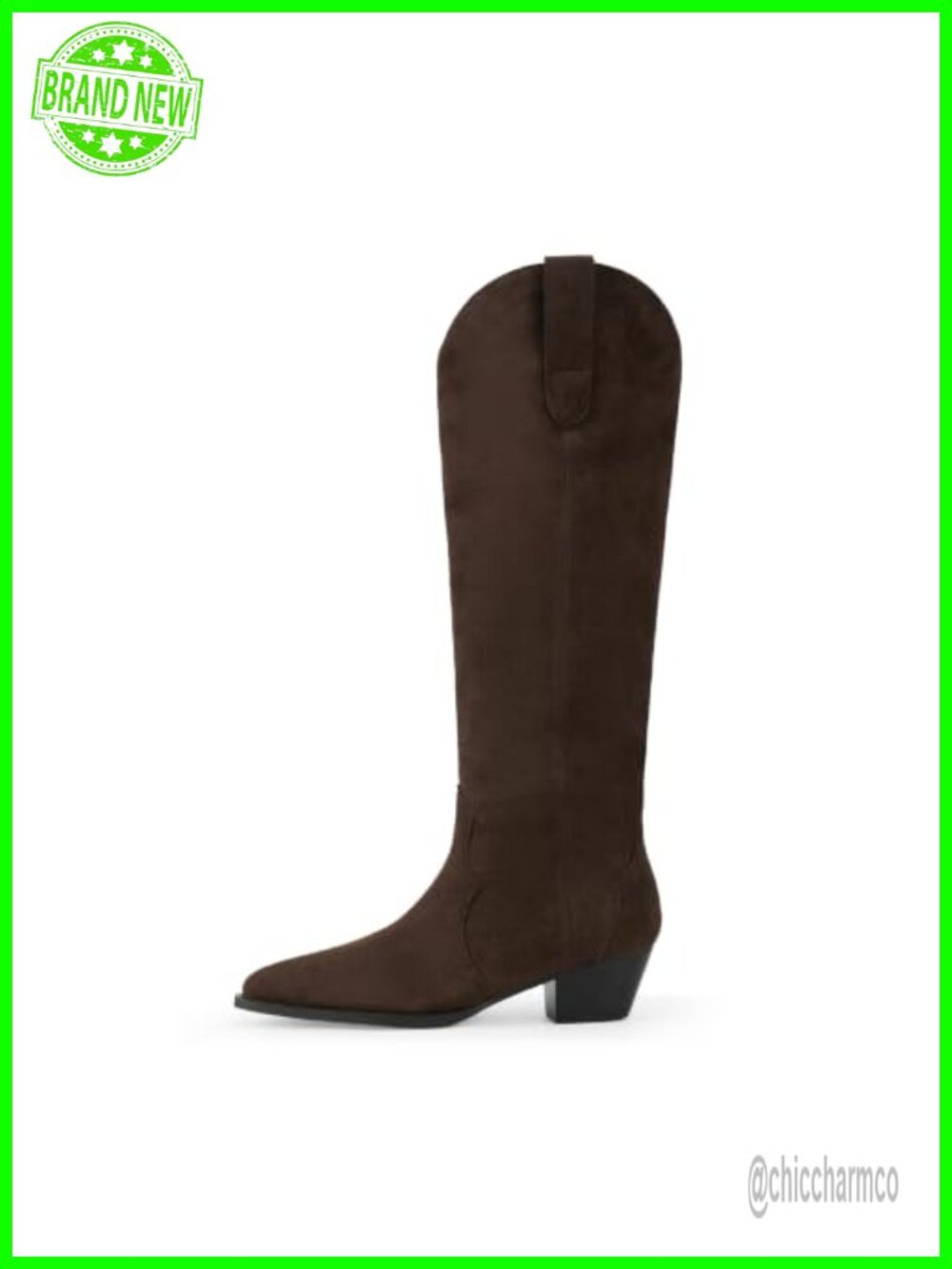 Faux Suede Cowboy Boots Women Pointed Toe Knee High Chunky Heel Pull On